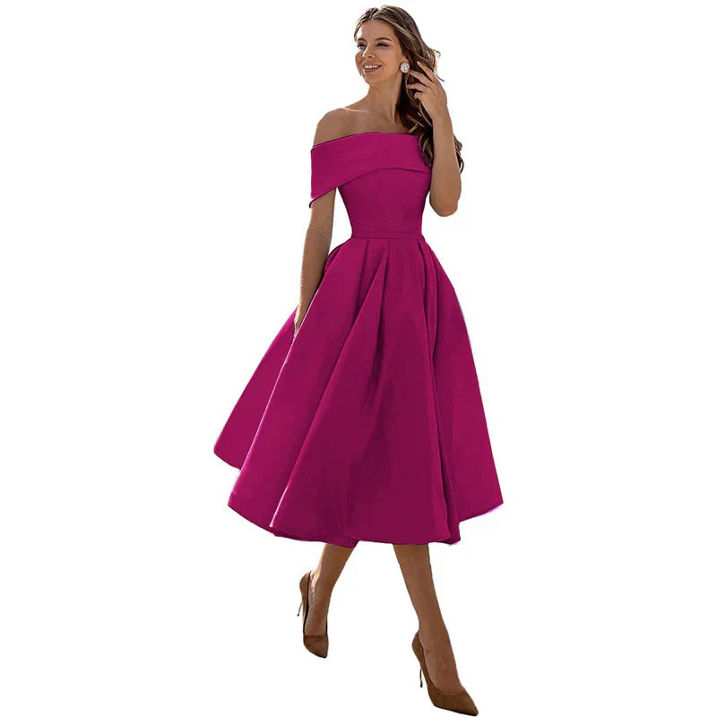 Damklänning – Off-Shoulder – Figurnära Liv – Utställd Kjol – Tealängd Elegant Stil