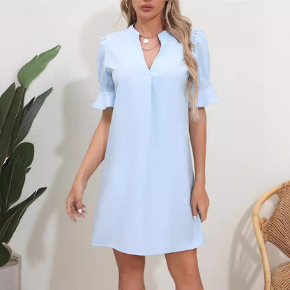 Damklänning – Kortärmad – V-ringning – Volangärm – Ledig Passform – Lätt Tyg