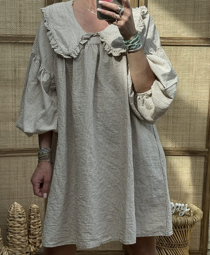 Damklänning A-linje – Bomull – Rutig – Rynkad Peter Pan-krage – Ballongärm