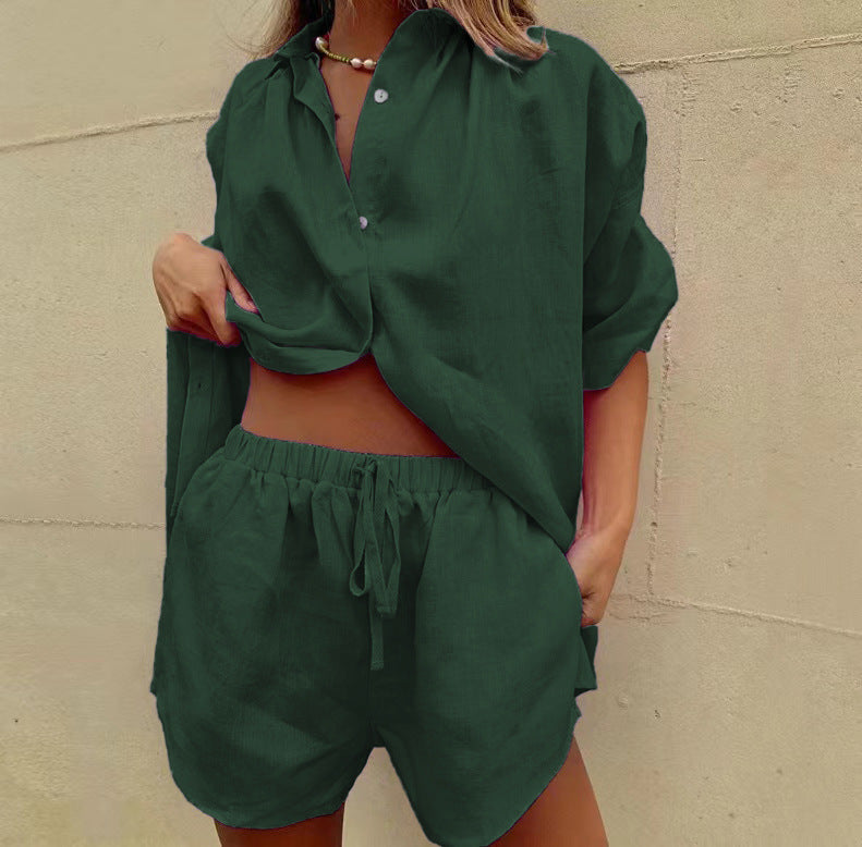 Damset tvådelat – Luftig linnemix – Lös passform – Skjorta med knappar och shorts