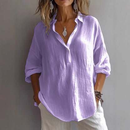 Women’s Relaxed Fit Linen Blouse with Long Sleeves and Open Collar
