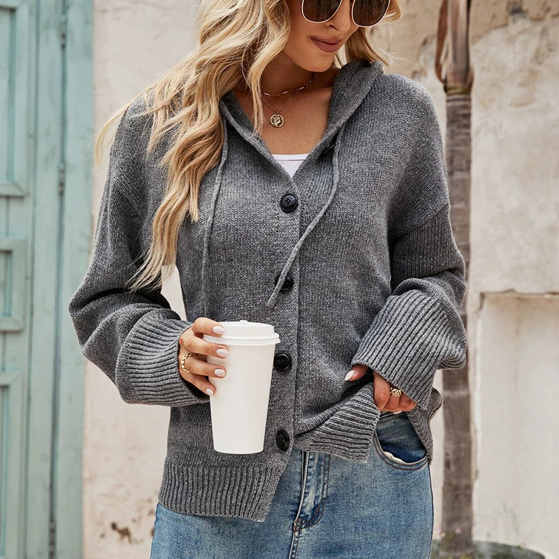 Damkofta med huva – Stickad – Avslappnad passform – Knappar – Dragskohäm