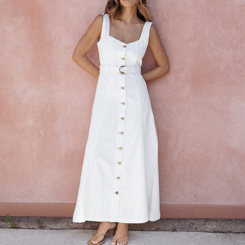 Damklänning maxi – Ärmös – Slim fit – Knäppning fram – Midjebälte – Mjuk textil