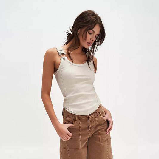 Damlinne – Slim Fit Ribbstickad – Avtagbara Axelband – Rund Halsringning Casual