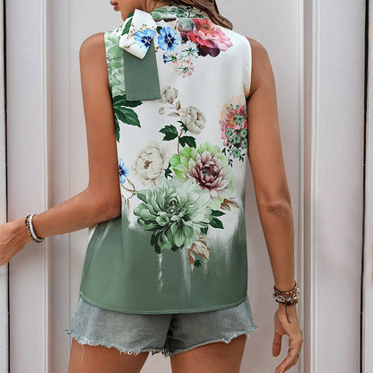 Dam Halternecktop – Slim Fit – Ärmlös – Blommigt Mönster – Knytband Detalj