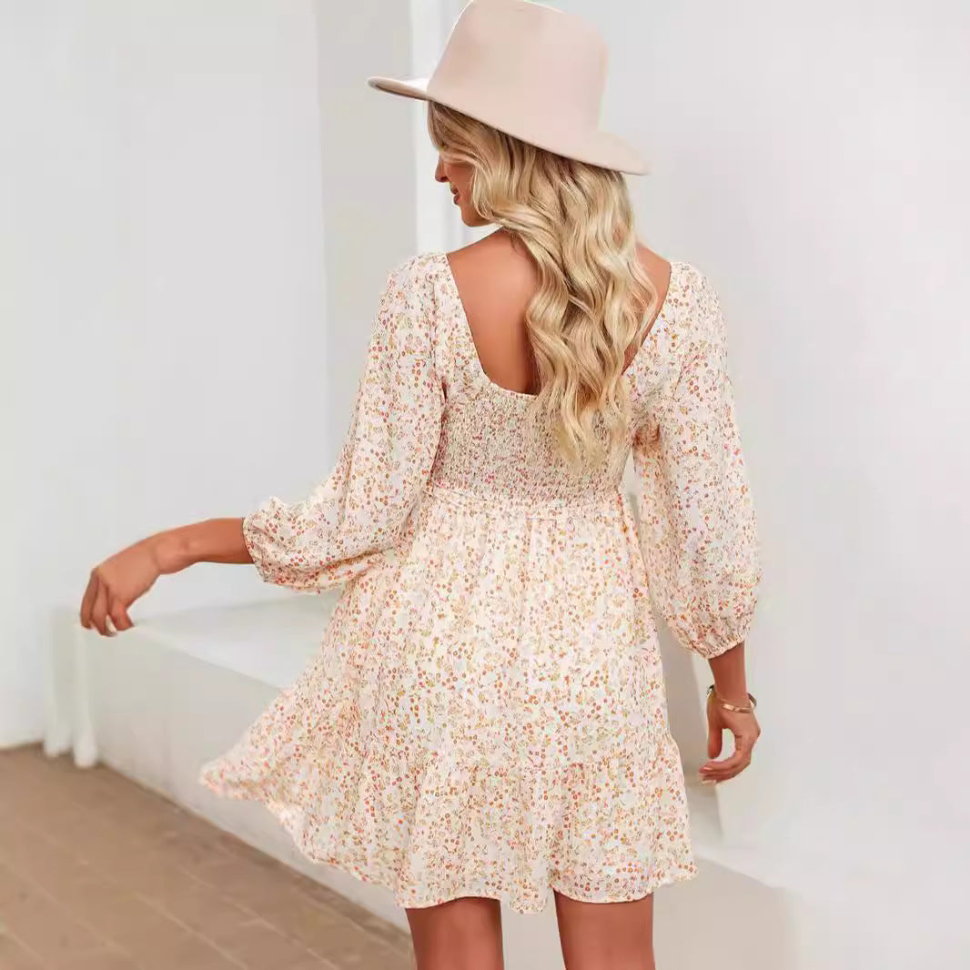 Damklänning – A-linjeformad – Kort ärm – U-ringning – Smockliv – Blommigt mönster