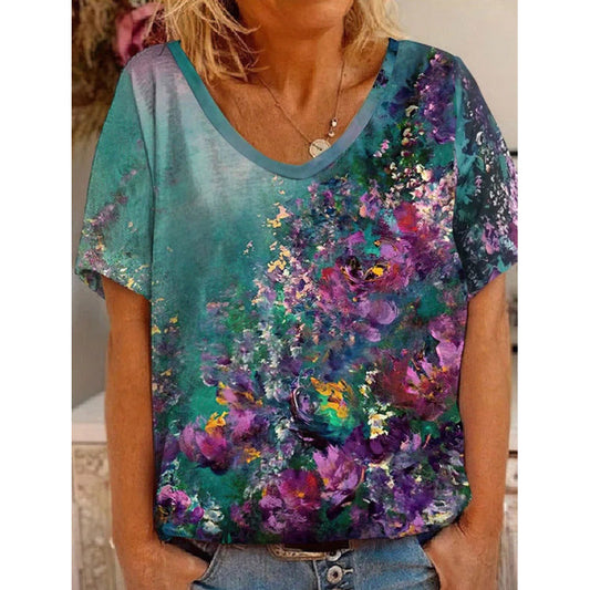 Dam T-shirt – Avslappnad Passform – Andningsbar Mjuk Kvalitet – Blommigt Mönster