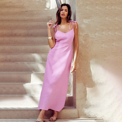 Damklänning – A-linjeformad passform – Justerbara axelband – Hellång – Bomull/linne