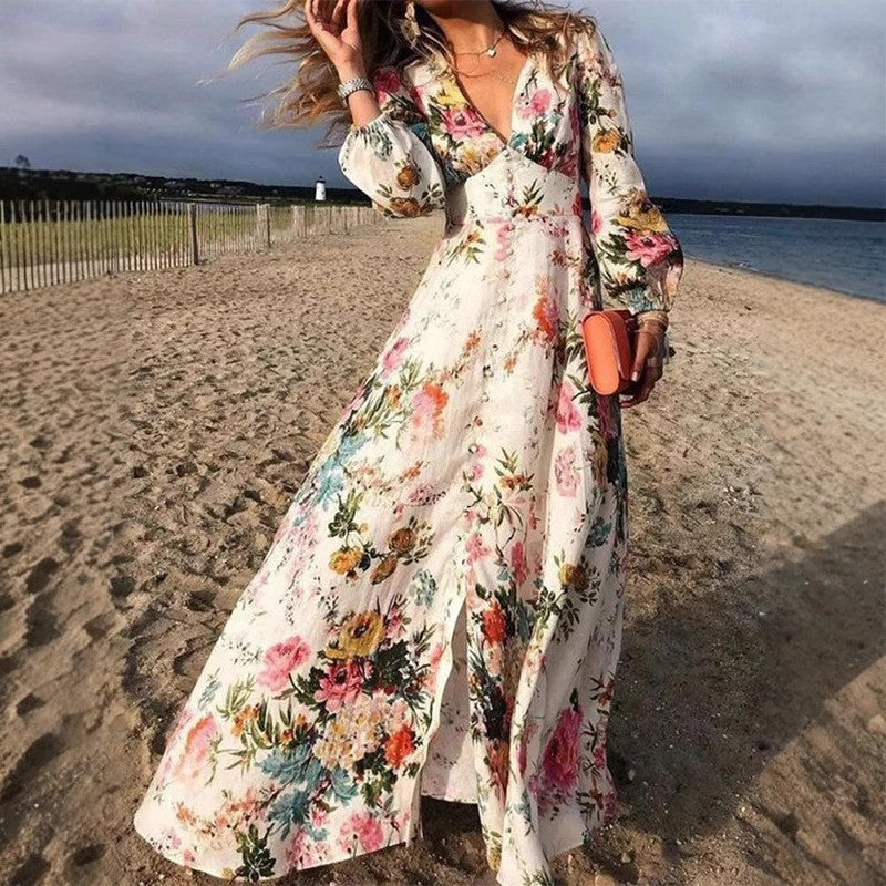 Damklänning – Maxilängd A-linje – Djup V-ringning – Långa ärmar – Andningsbart tyg