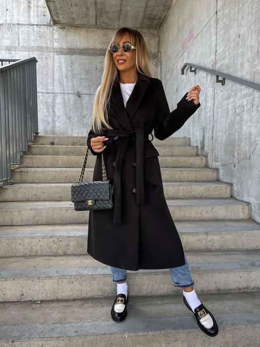 Damkappa – Ull – Figursydd Passform – Lång Ärmlängd – Bälte – Lång Modell