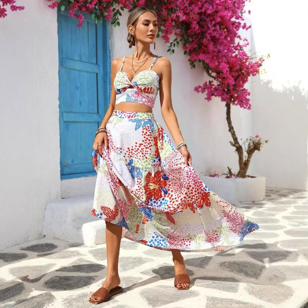 Damset – Ärmlös Crop Top – A-linjekjol i Bomullsblandning – Lätt och Andningsbar