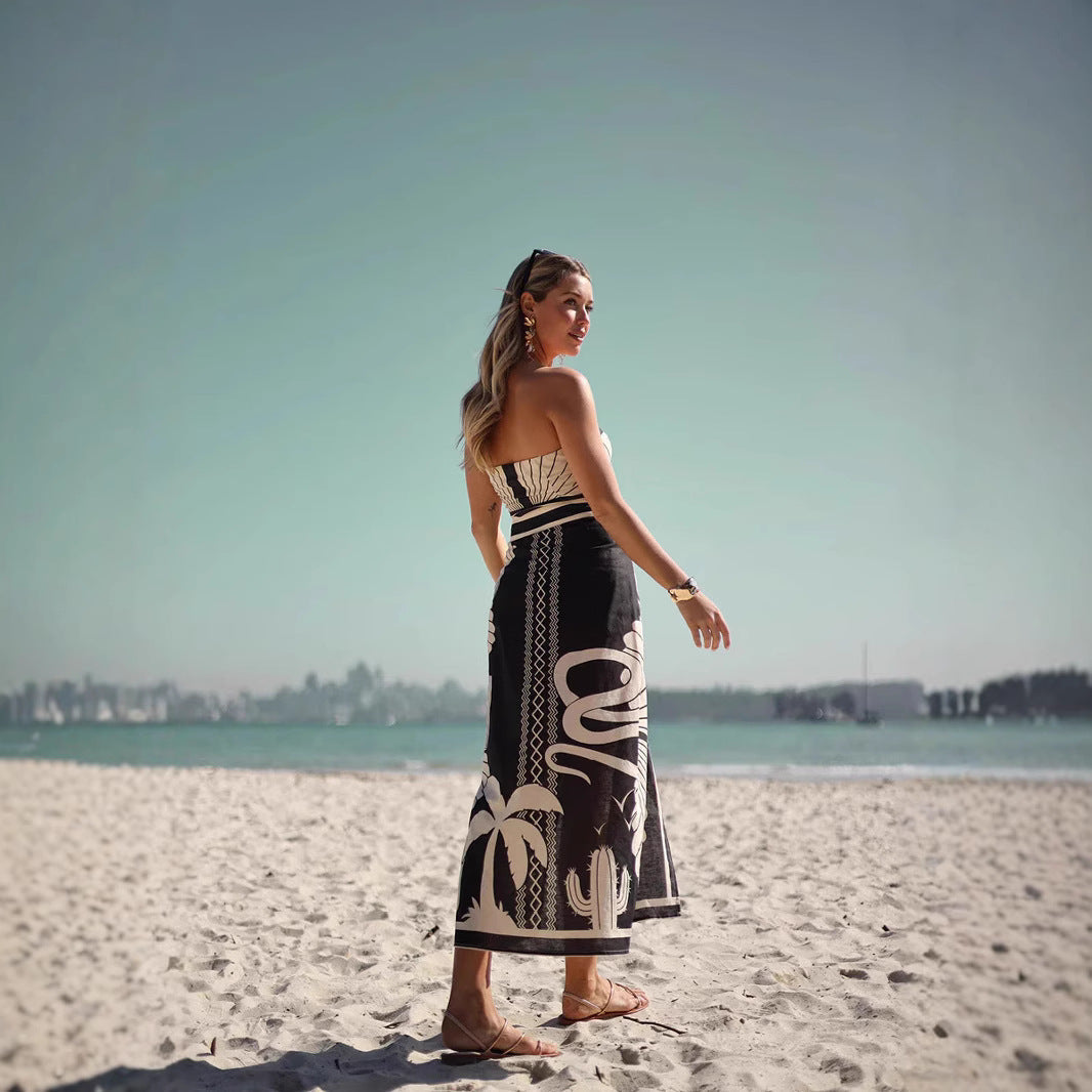 Damset med tubtopp och midikjol – Slim fit – Slits – Tropiskt mönster