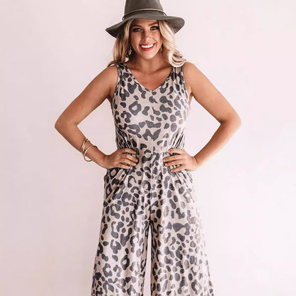 Dam Jumpsuit – Ärmlös – Lös Passform – V-ringning – Vida Ben – Croppad – Leopardmönster