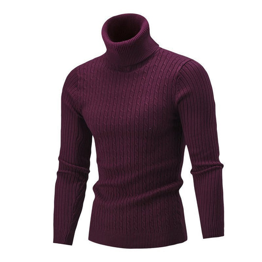 Herr Turtlenecktröja – Slim Fit – Ullstickad – Kabelstickning – Ribbade detaljer