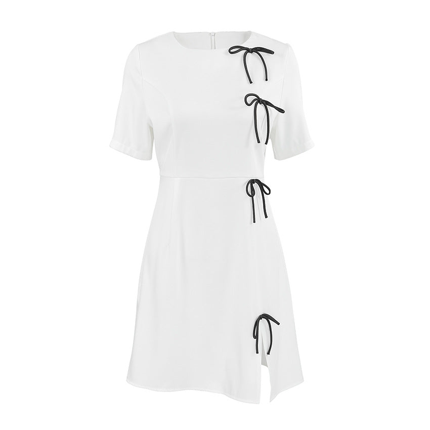 Damklänning A-linje – Kortärmad – Rund halsringning – Rosett – Mini elegant stil