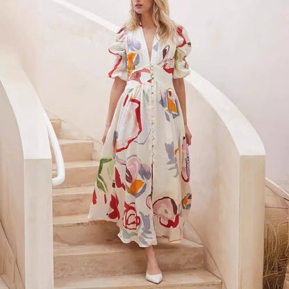 Damklänning – Maxilängd – Avslappnad Passform – Naturliga Fibrer – Ballongärmar – Knäppning Fram