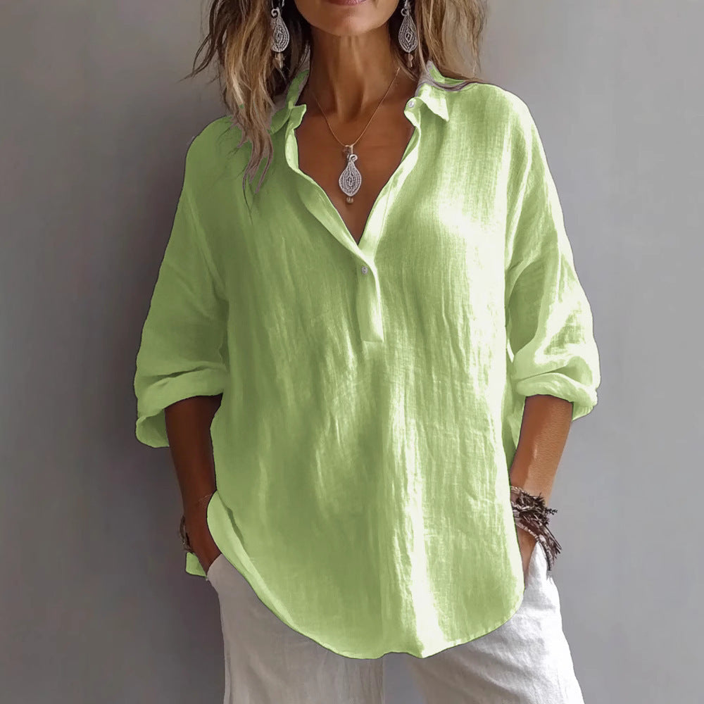 Women’s Relaxed Fit Linen Blouse with Long Sleeves and Open Collar