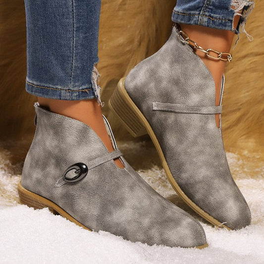 Dam Ankelboots – Pointed Toe – Spänndetalj – Låg Blockklack – Stilren Design