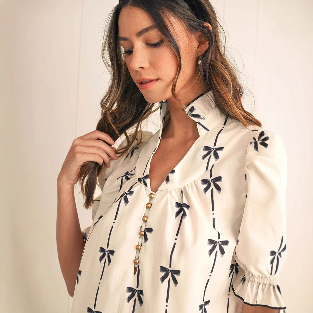 Damklänning – A-linjeformad – Lätt bomull – Puffärm – Rosettmönster – Ovan knälängd