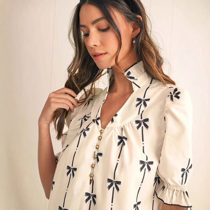 Damklänning – A-linjeformad – Lätt bomull – Puffärm – Rosettmönster – Ovan knälängd