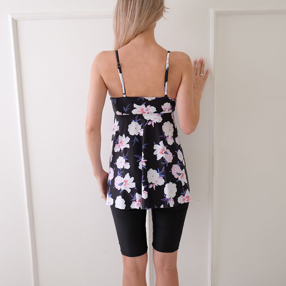 Baddräkt för kvinnor med shorts – A-linjeform – Spagettiband – Blommig