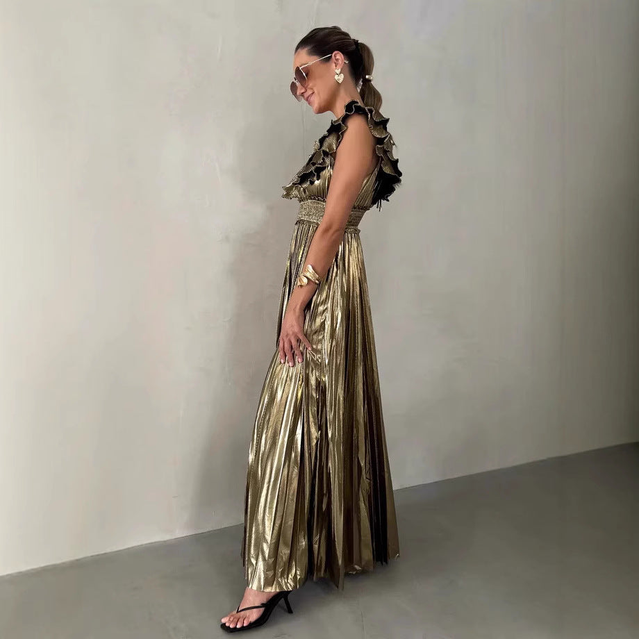 Damklänning för kväll – Satinkänsla – A-linje – Rynkad V-ringning – Plisserad maxilängd