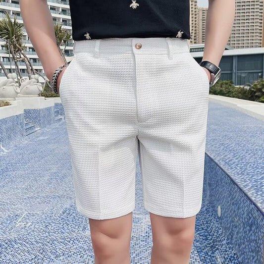 Herrshorts – Slim Fit – Texturerat Vävtyg – Knäppning – Knälångt Snitt