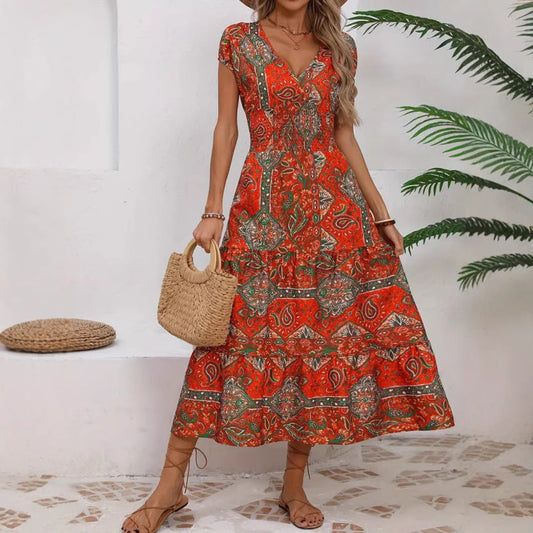 Damklänning med långa ärmar – V-ringning – A-linjeform – Lätt och andningsbar