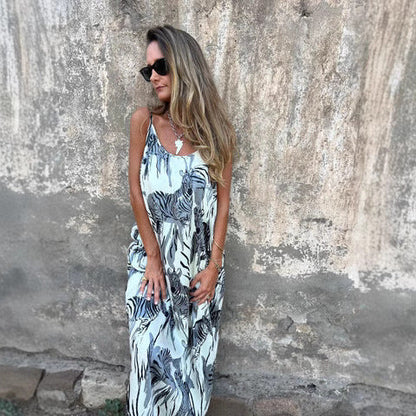 Damklänning maxi – Avslappnad passform – Justerbara axelband – Naturmaterial – Fickor