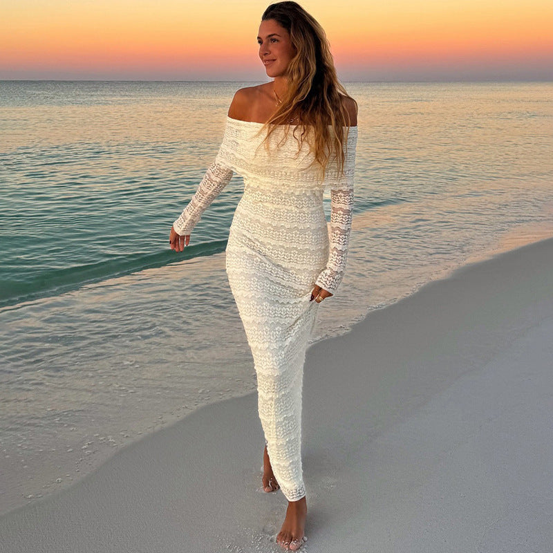 Damklänning – Maxiklänning i spets – Slim Fit – Off-Shoulder – Lång ärm