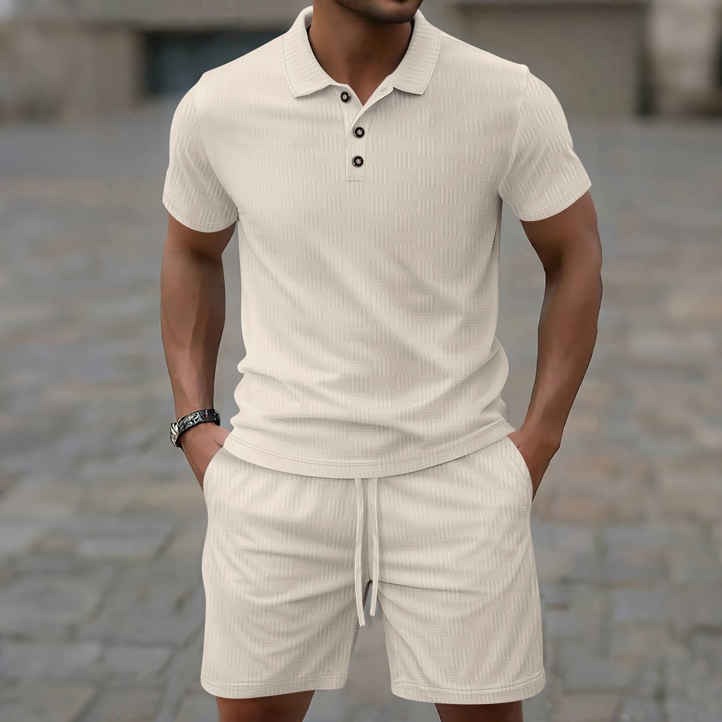 Herrset – Slim Fit – Kort Ärm – Texturdesign – Knappslå