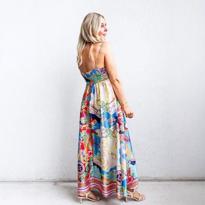 Damklänning maxilängd – Spaghetti-band – Hög midja – Utsvängd passform – Mönstrad