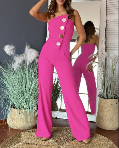 Dam jumpsuit – Åtsittande överdel – Utställda ben – Axelbandslös – Dekorativa knappar