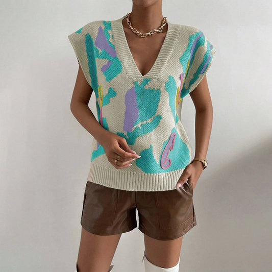 Damväst – Lös Passform – Djup V-Ringning – Jacquardmönster