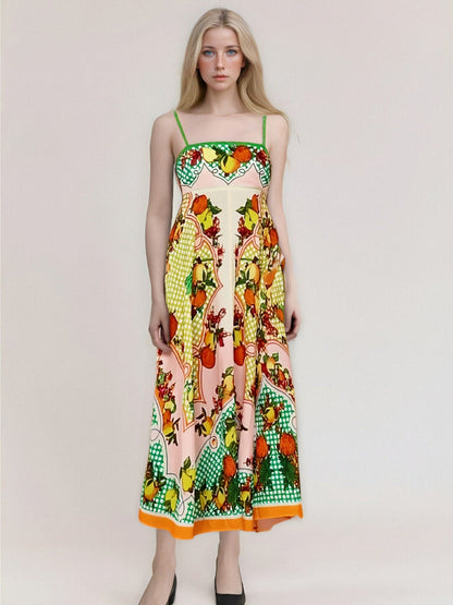 Damklänning lång – Abstrakt mönster – Smala axelband – Löst sittande luftig passform