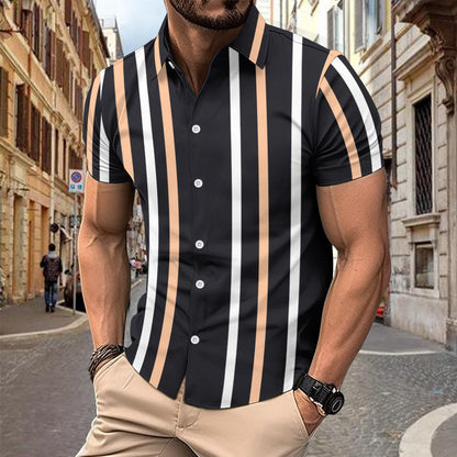 Herrskjorta kort ärm – Slim fit – Bomull – Vertikalt randig – Knappstängning