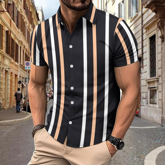 Herrskjorta kort ärm – Slim fit – Bomull – Vertikalt randig – Knappstängning