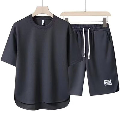 Herr Träningsset – Bomull – Avslappnad Passform – T-shirt & Shorts med Dragsko