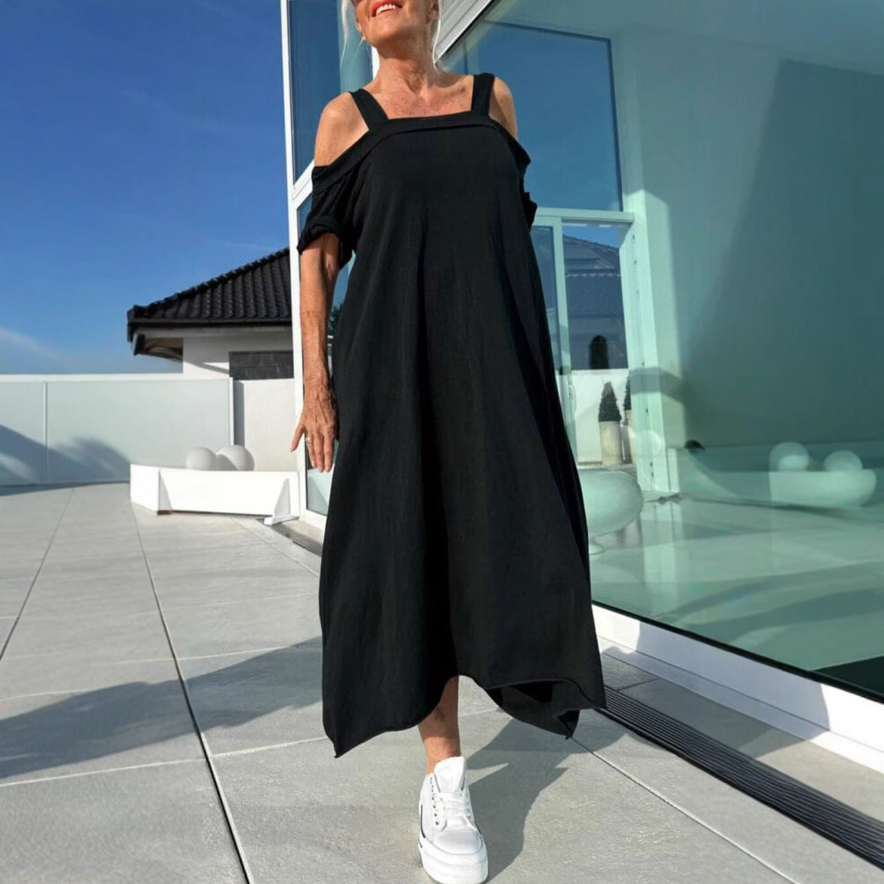 Damklänning Maxi – Off shoulder med axelband – Avslappnad passform – Bomull