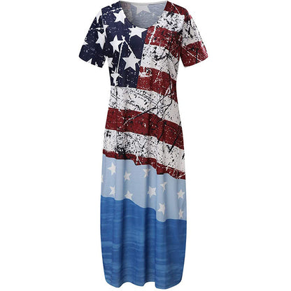 Damklänning maxi – Avslappnad passform – V-ringning – Kort ärm – Grafiskt mönster – Bomullsblandning