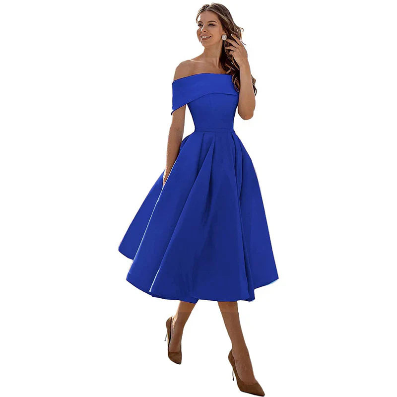 Damklänning – Off-Shoulder – Figurnära Liv – Utställd Kjol – Tealängd Elegant Stil