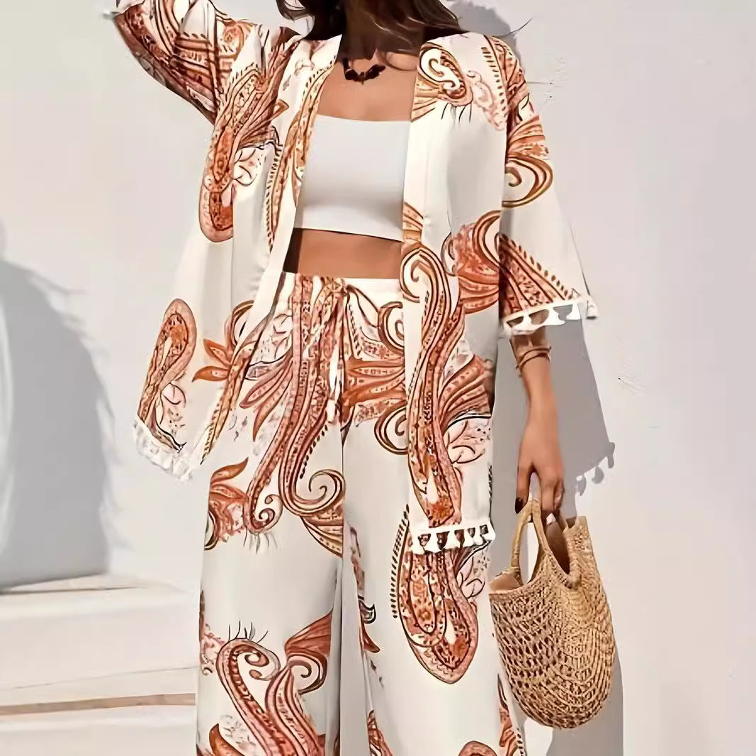 Dam Kimono Set – Vida Byxor – Paisleymönster – Fransdetaljer – Andningsbar Mix