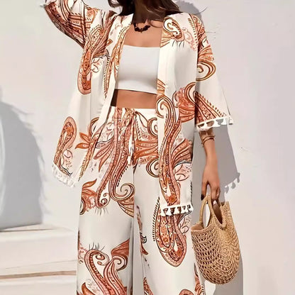 Dam Kimono Set – Vida Byxor – Paisleymönster – Fransdetaljer – Andningsbar Mix
