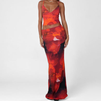 Damkläder Set – Figursydd Väst och Maxikjol – Djup V-ringning – Spagettiband