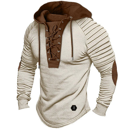 Herr Hooded Pullover – Slim Fit – Snörad V-ringning – Plisserade ärmar – Rundad fåll