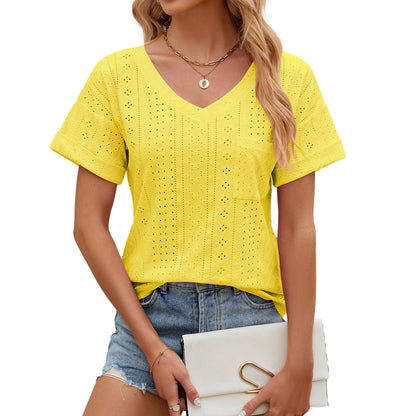 Dam T-shirt – Avslappnad Passform – V-ringning – Öglemönster – Kort Ärmslut