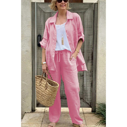 Damsett med skjorta och byxa – Linne – Avslappnad passform – Raka byxor