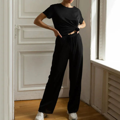 Dam Lounge Set – Kortärmad Topp – Croppad Passform – Vida Byxor – Mjuk Andningsbar Textil