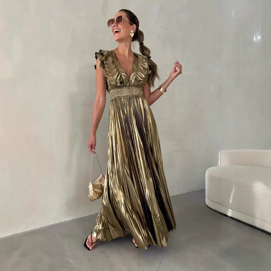 Damklänning – A-linjeformad passform – Djup V-ringning – Rynkad hellång kjol