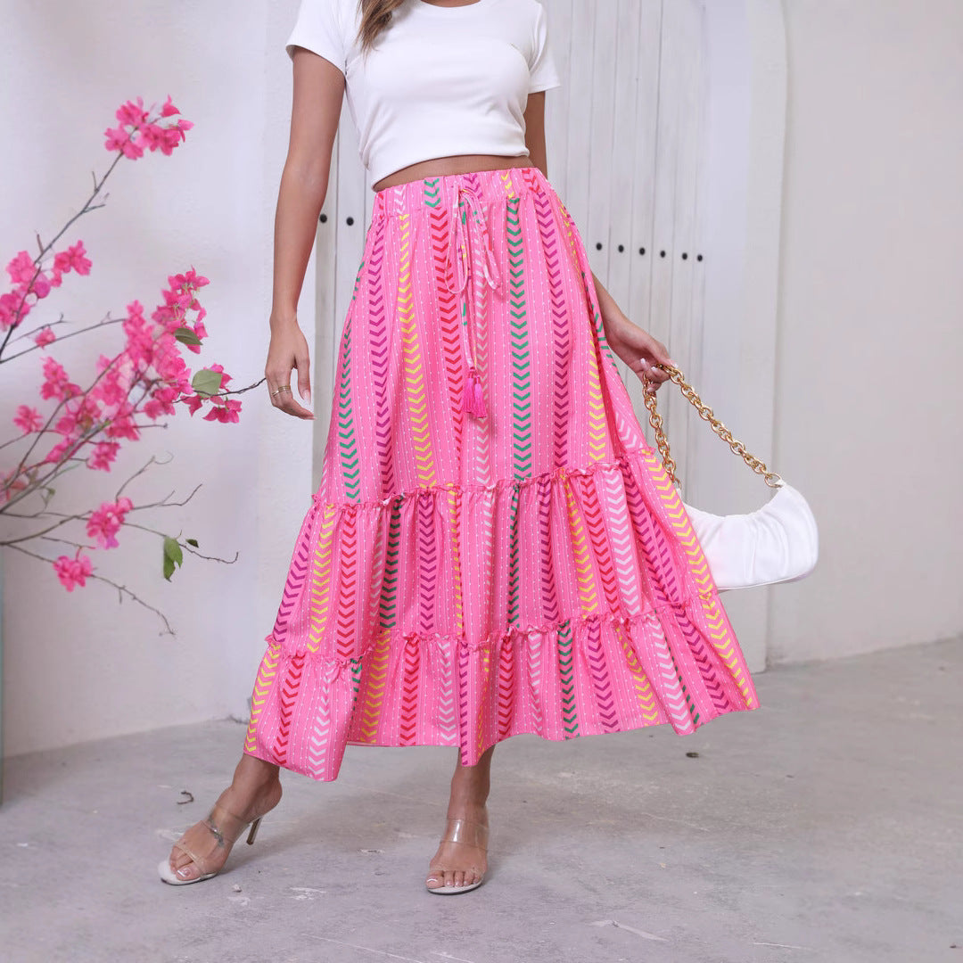 Damkjol maxi – Bohemisk stil – Volangdesign – Dragsko i midjan – Bomull